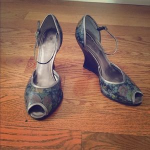 Dark floral wedge ankle strap shoes